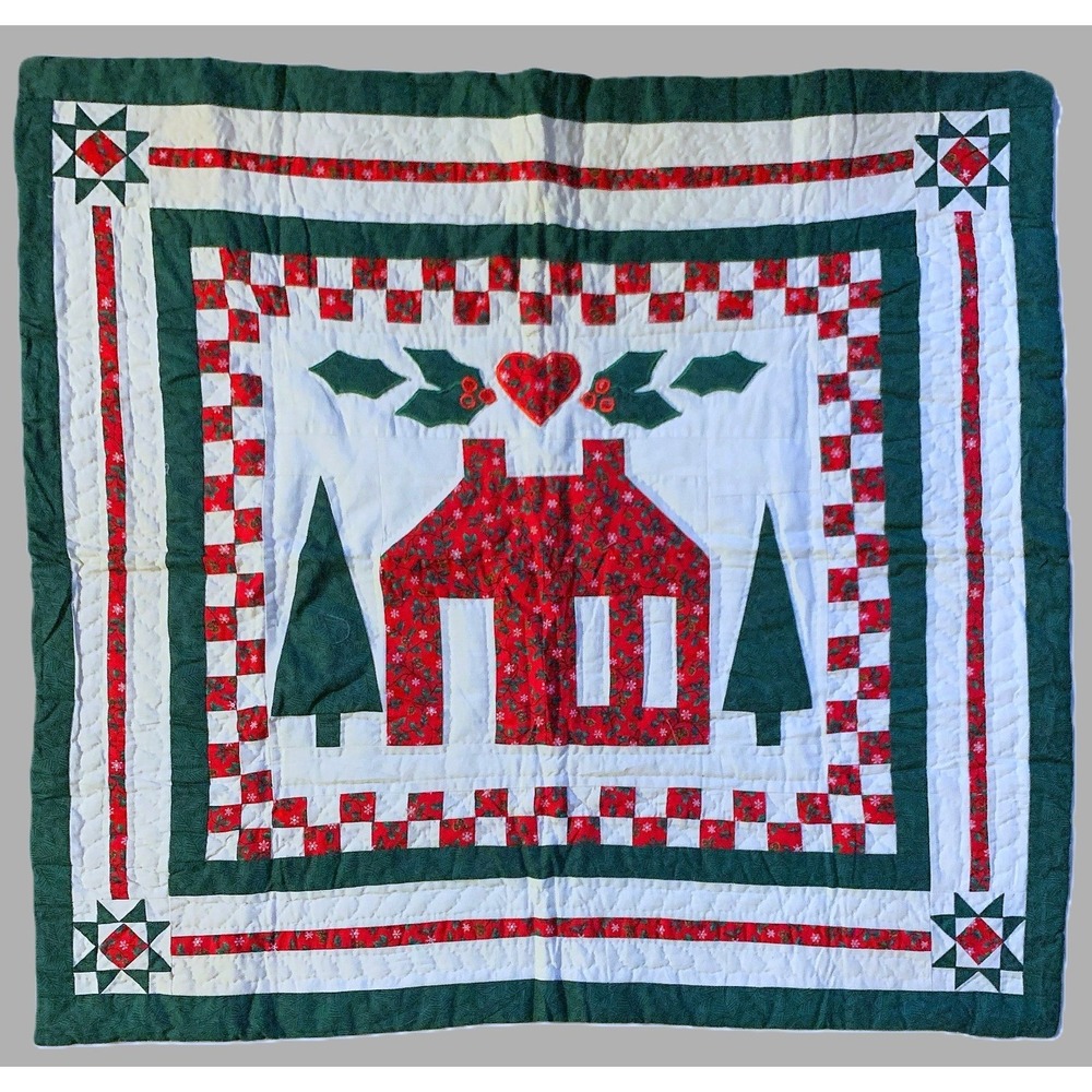Christmas Country LL BEAN 1980s Quilted Cabin Lodge Wall Quilt Table Cover 32x30